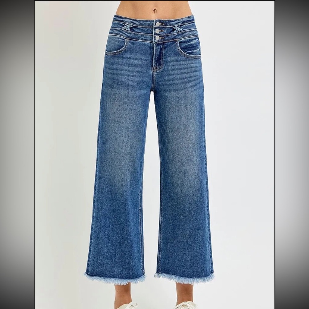 RISEN High Rise Crop Wide Leg Jeans with Wide Band Detail